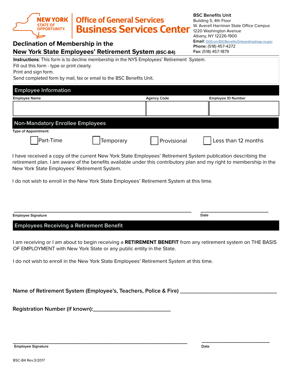 Form BSC-B4 Declination of Membership in the New York State Employees Retirement System - New York, Page 1