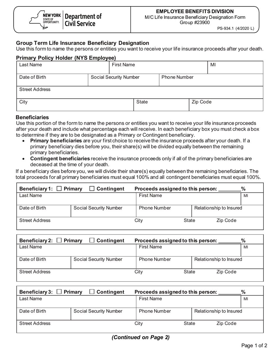Form PS-934.1 M / C Life Insurance Beneficiary Designation Form - New York, Page 1