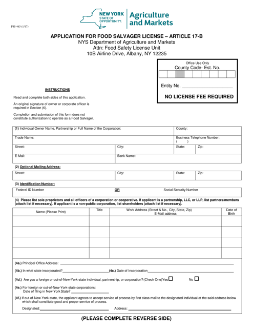 Form FSI-463 Application for Food Salvager License - Article 17-b - New York