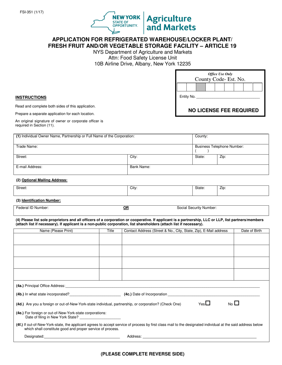 Form FSI-351 Application for Refrigerated Warehouse / Locker Plant / Fresh Fruit and / or Vegetable Storage Facility - Article 19 - New York, Page 1