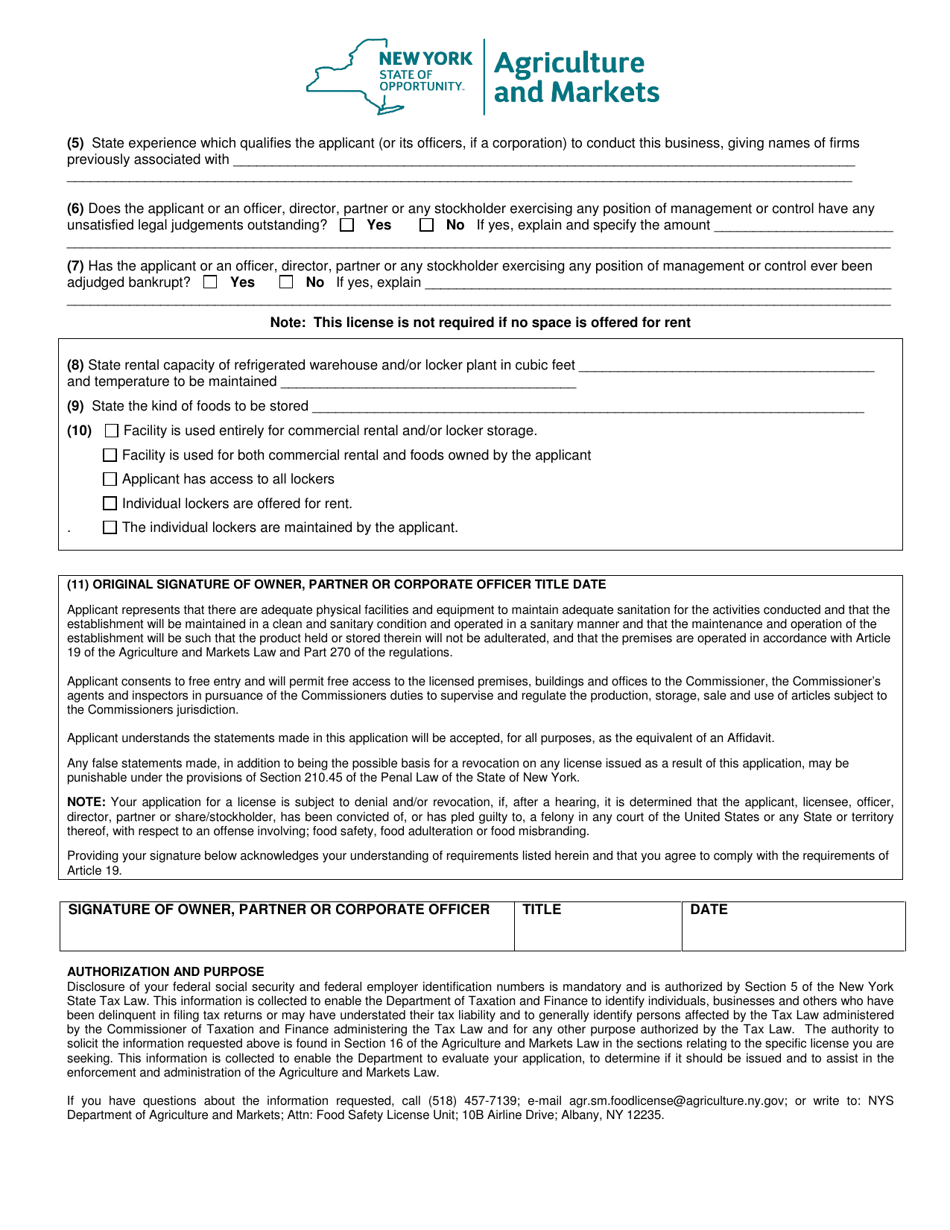 Form FSI-351 Application for Refrigerated Warehouse / Locker Plant / Fresh Fruit and / or Vegetable Storage Facility - Article 19 - New York, Page 2