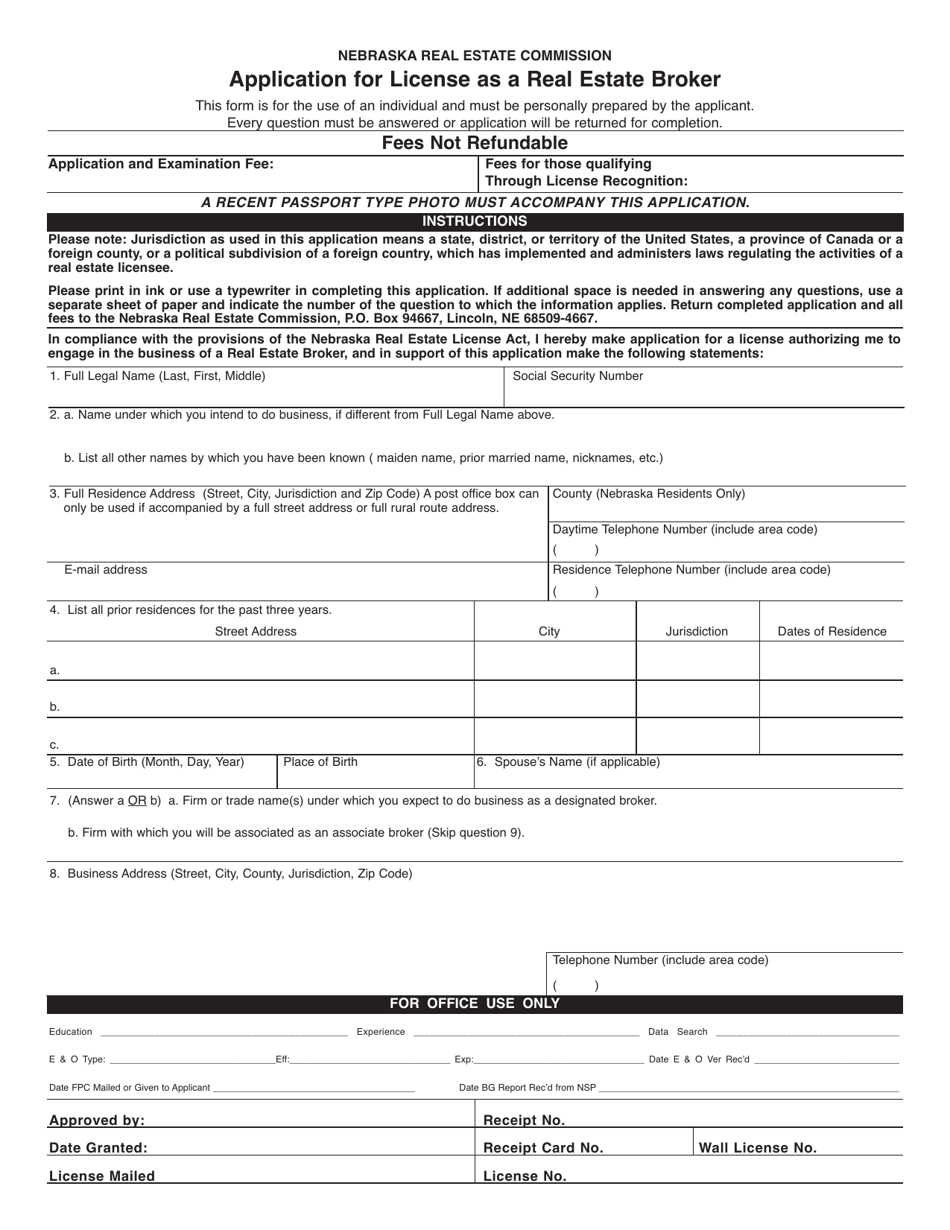 Nebraska Application for License as a Real Estate Broker Fill Out