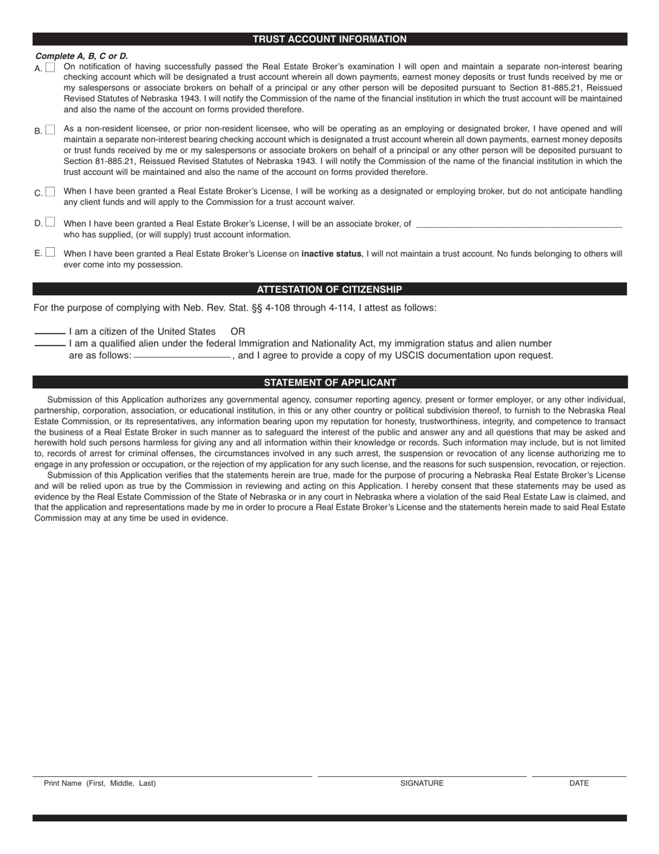 Nebraska Application for License as a Real Estate Broker Fill Out