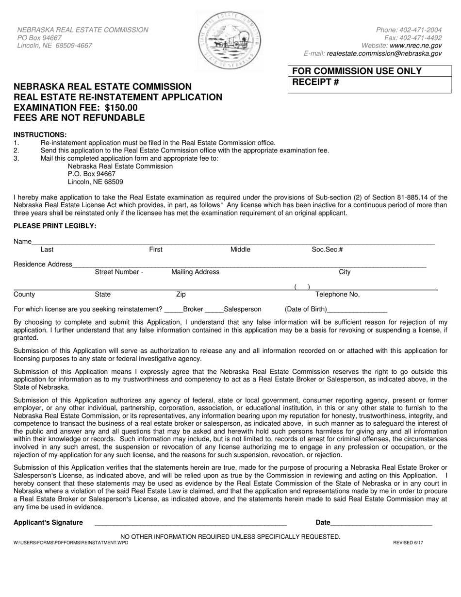 Nebraska Real Estate Reinstatement Application Fill Out, Sign Online