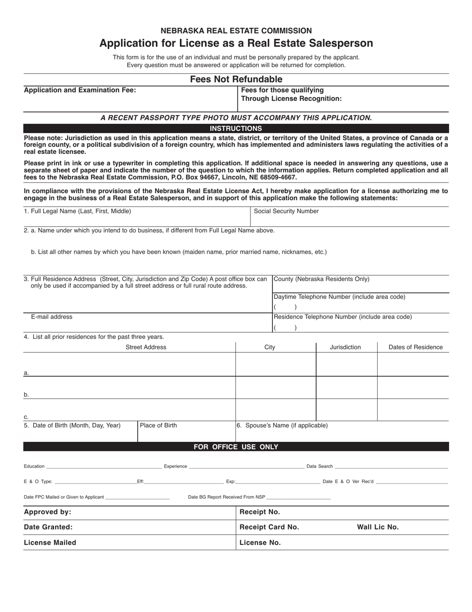 Application for License as a Real Estate Salesperson - Nebraska, Page 1