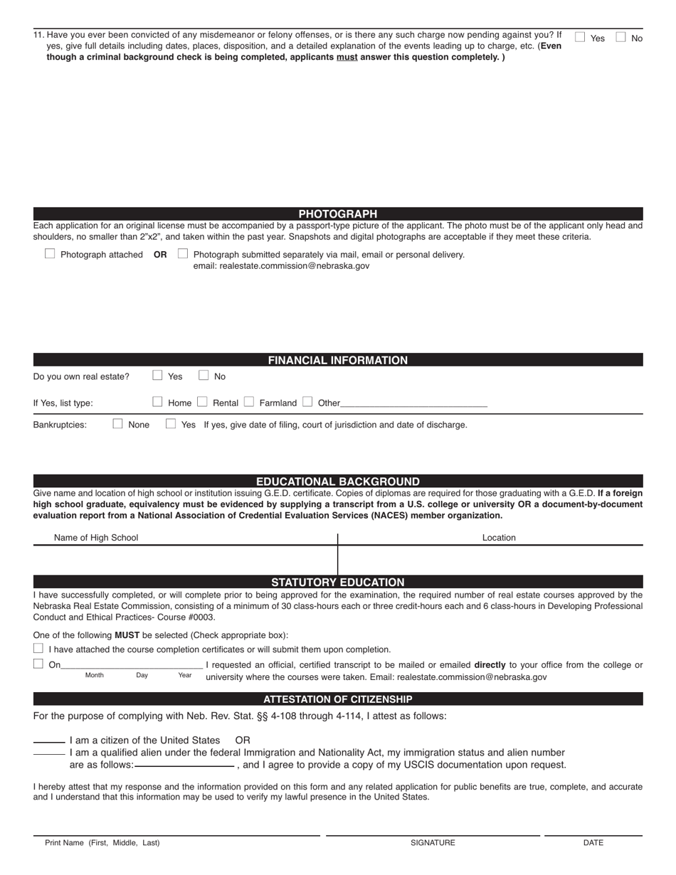 Application for License as a Real Estate Salesperson - Nebraska, Page 3