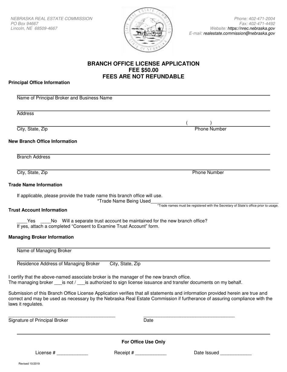 Branch Office License Application - Nebraska, Page 1