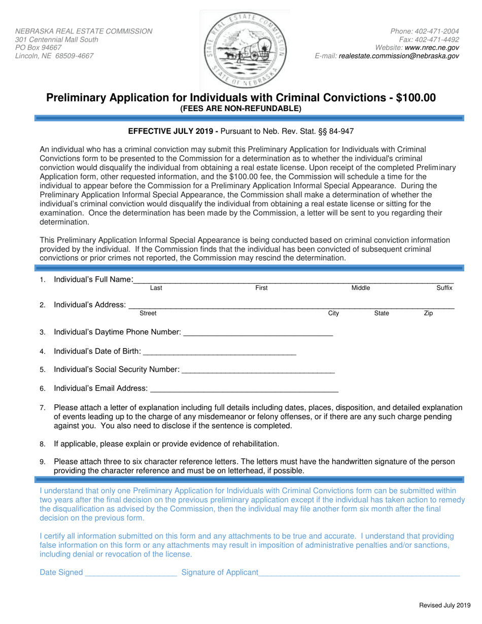 Preliminary Application for Individuals With Criminal Convictions - Nebraska, Page 1