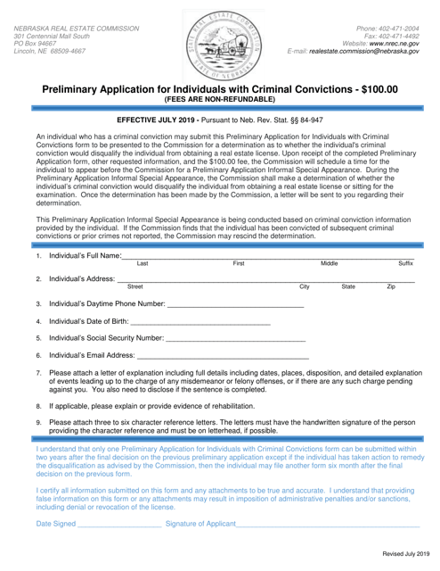 Preliminary Application for Individuals With Criminal Convictions - Nebraska Download Pdf