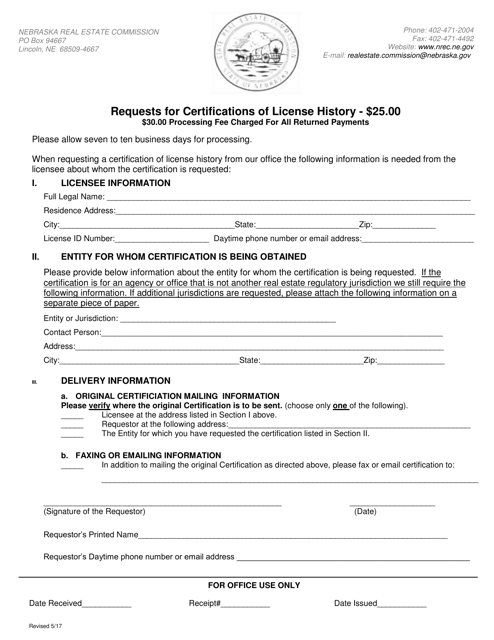 Requests for Certifications of License History - Nebraska Download Pdf