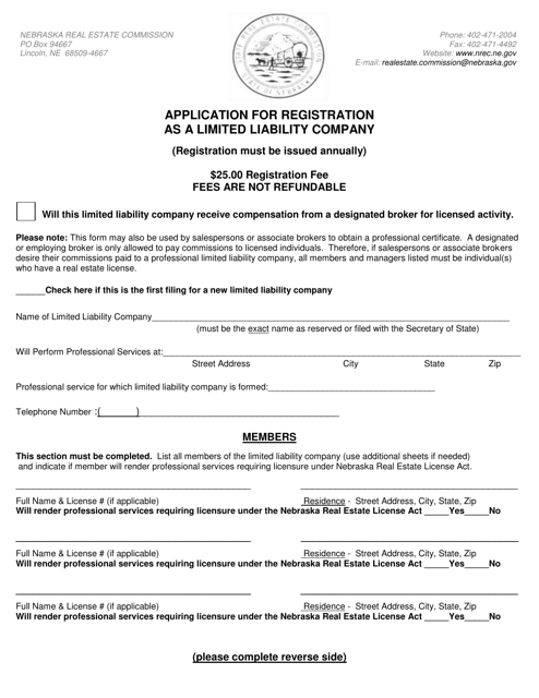 Application for Registration as a Limited Liability Company - Nebraska Download Pdf