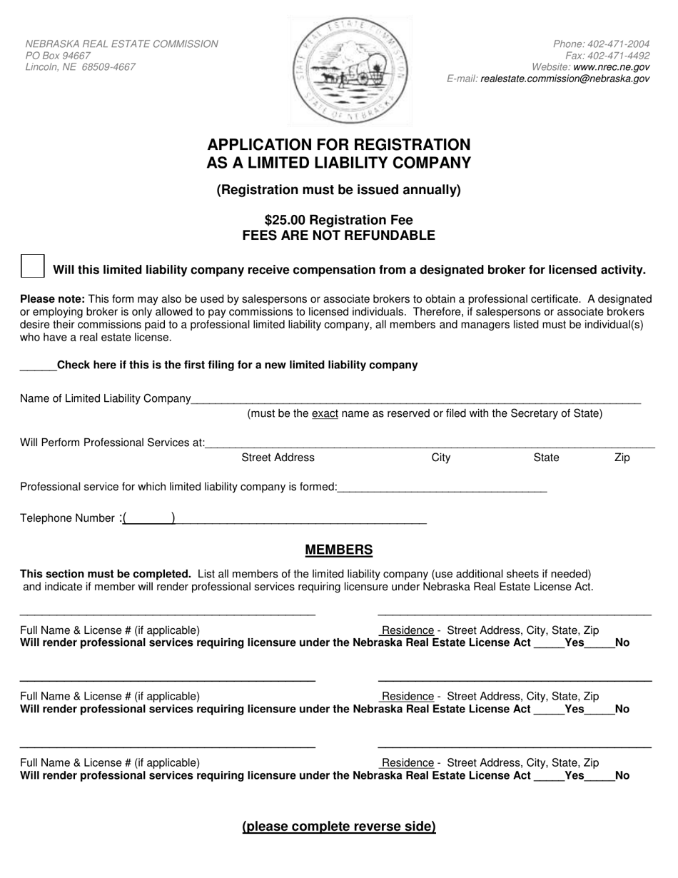 Application for Registration as a Limited Liability Company - Nebraska, Page 1