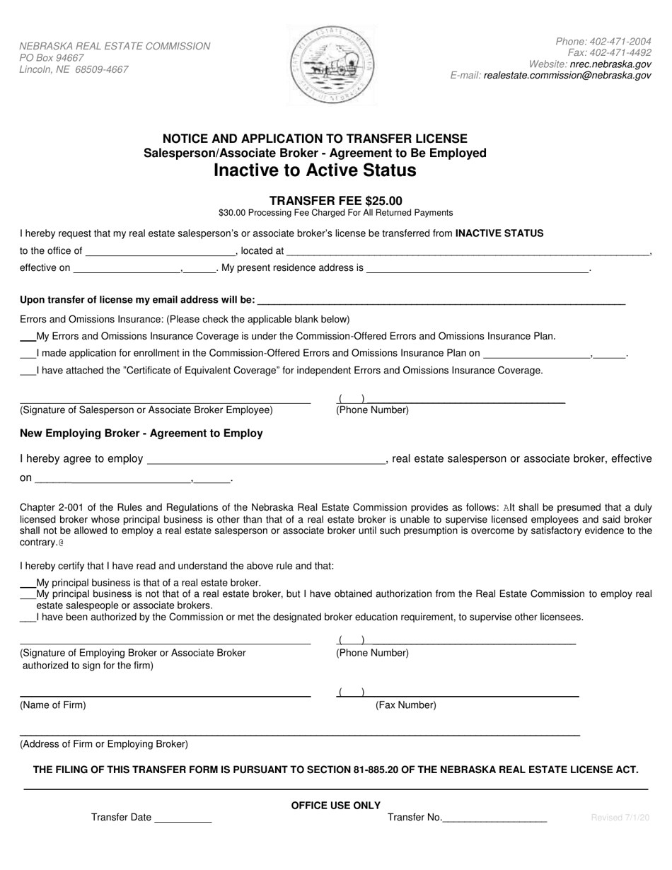 Transfer Form (From Inactive to Active Status) - Nebraska, Page 1