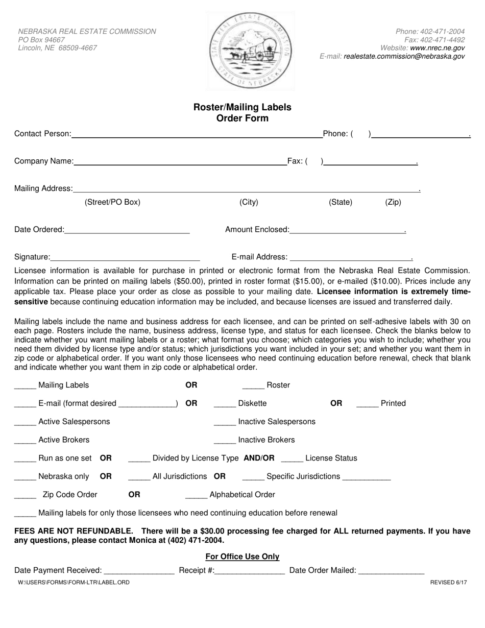 Roster / Mailing Labels Order Form - Nebraska, Page 1
