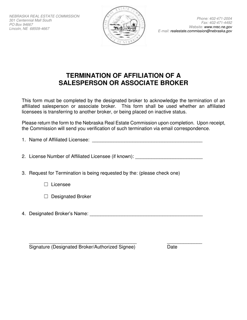 Termination of Affiliation of a Salesperson or Associate Broker - Nebraska, Page 1