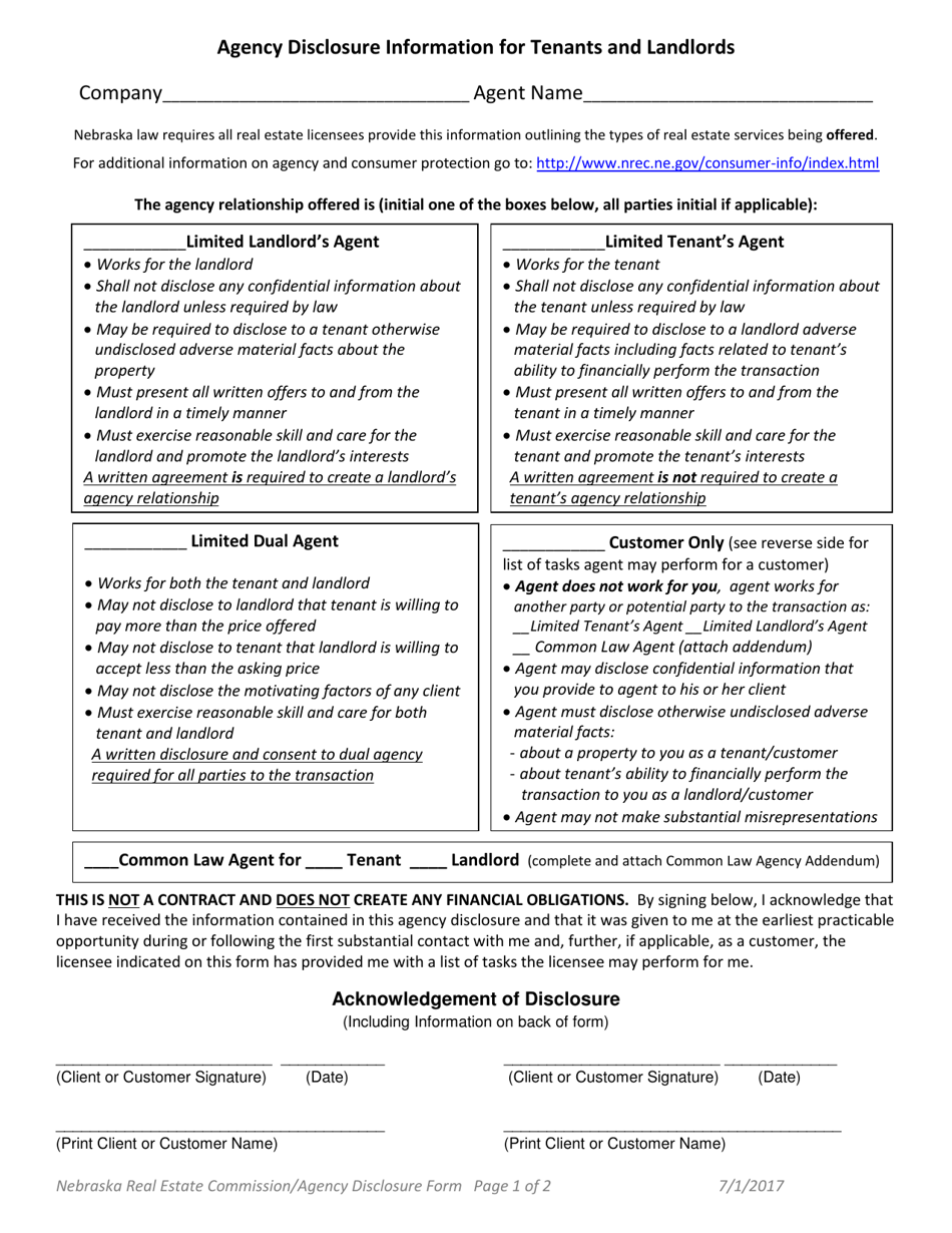 Agency Disclosure Information for Tenants and Landlords - Nebraska, Page 1