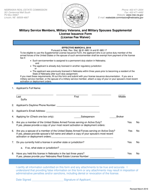 Supplemental License Issuance Form for Military Service Members and Military Spouses - Nebraska