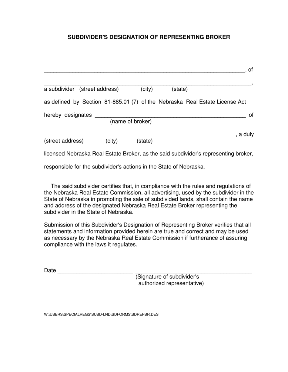Subdividers Designation of Representing Broker - Nebraska, Page 1