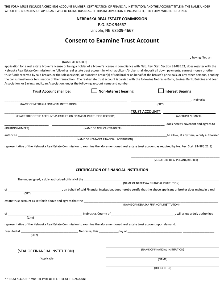 Consent to Examine Trust Account - Nebraska, Page 1