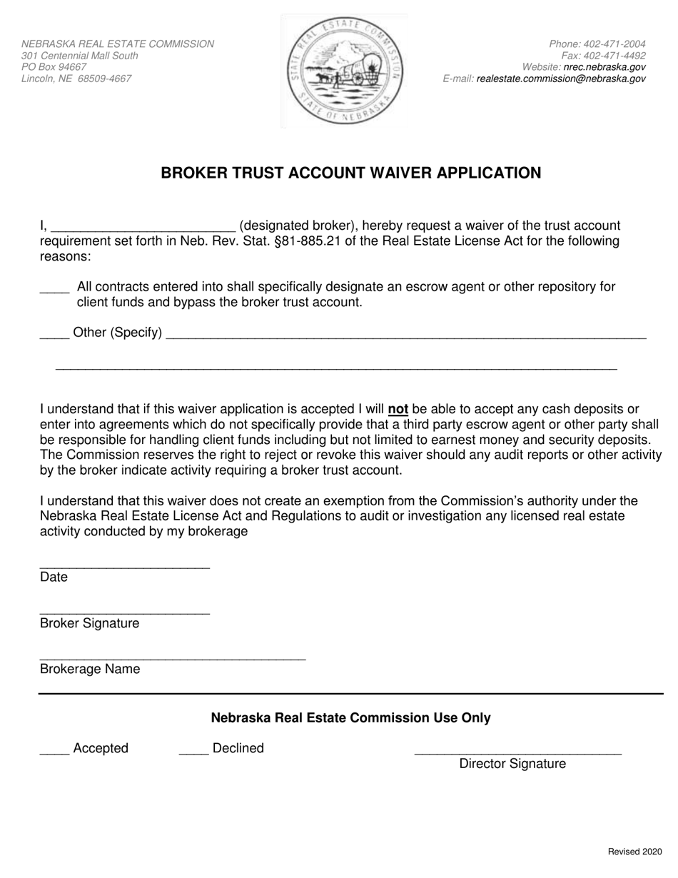 Broker Trust Account Waiver Application - Nebraska, Page 1