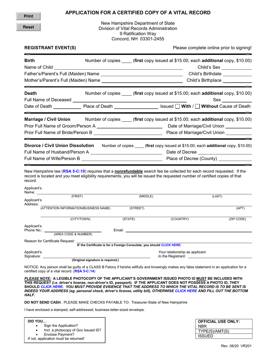 Form VR201 Fill Out, Sign Online and Download Fillable PDF, New