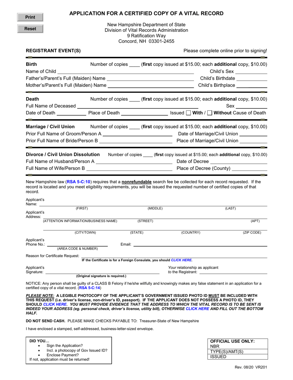 Form VR201 Application for a Certified Copy of a Vital Record - New Hampshire, Page 1