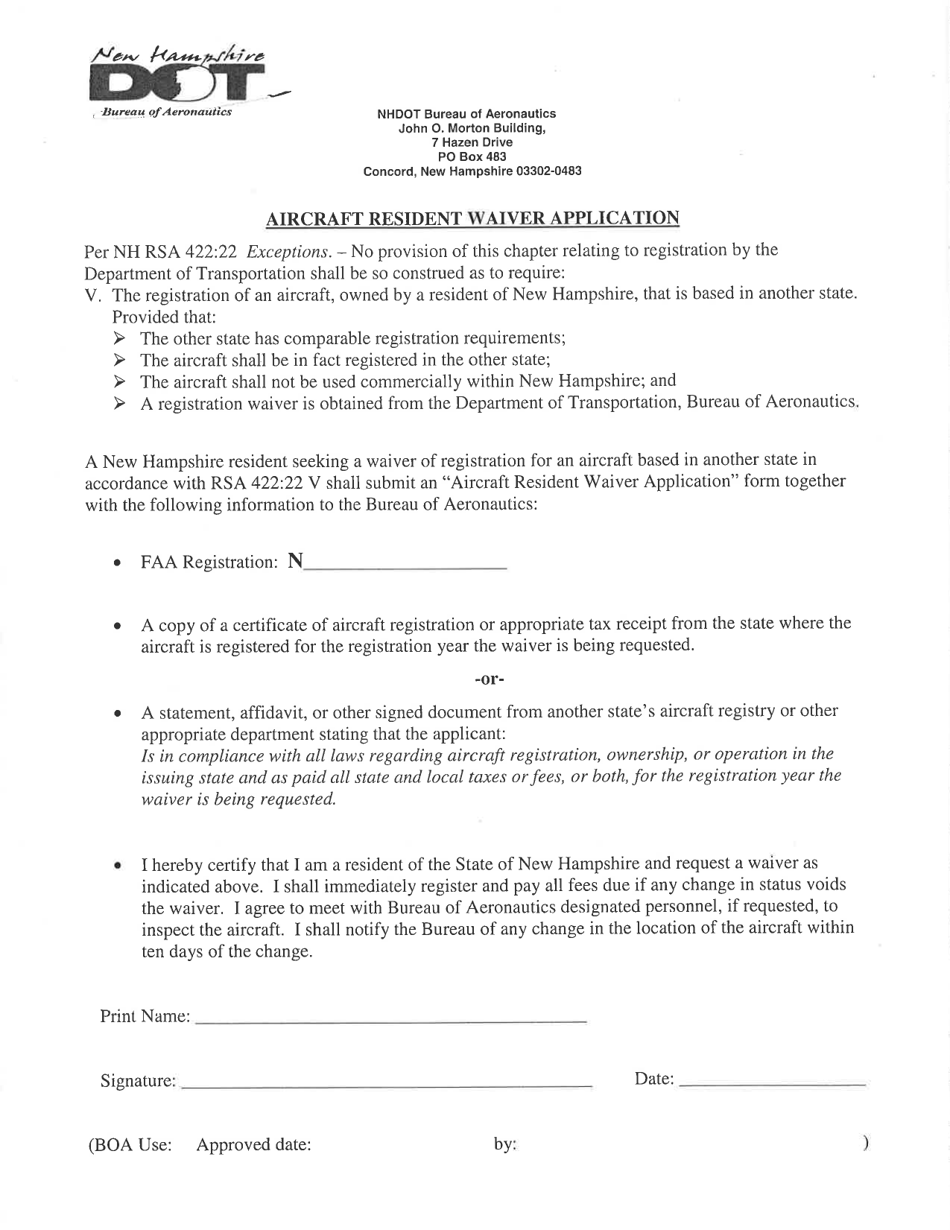 Aircraft Resident Waiver Application - New Hampshire, Page 1