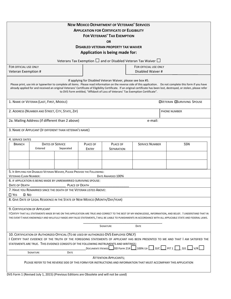 DVS Form 1 Application for Certificate of Eligibility for Veterans Tax Exemption or Disabled Veteran Property Tax Waiver - New Mexico, Page 1