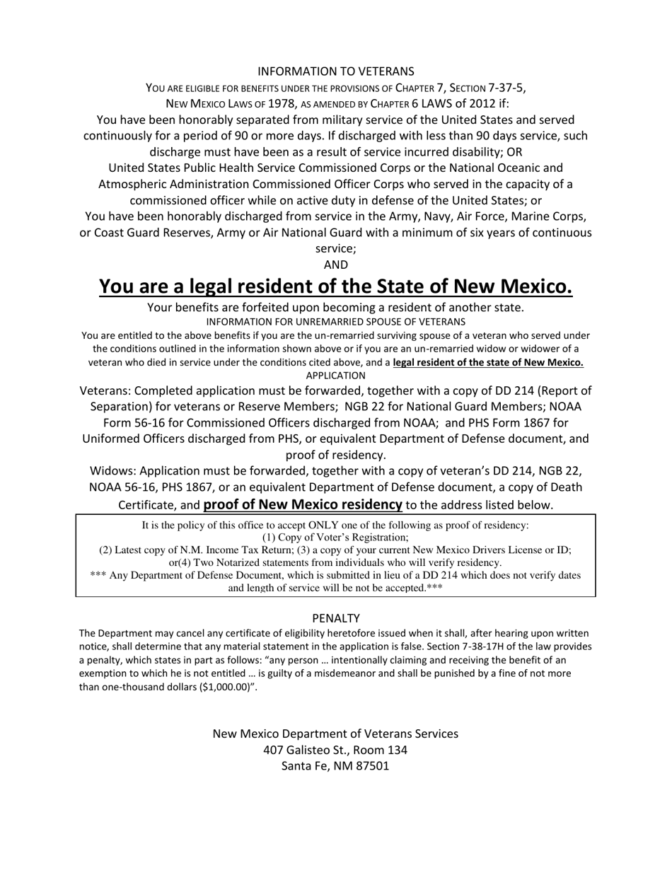 DVS Form 1 Application for Certificate of Eligibility for Veterans Tax Exemption or Disabled Veteran Property Tax Waiver - New Mexico, Page 2