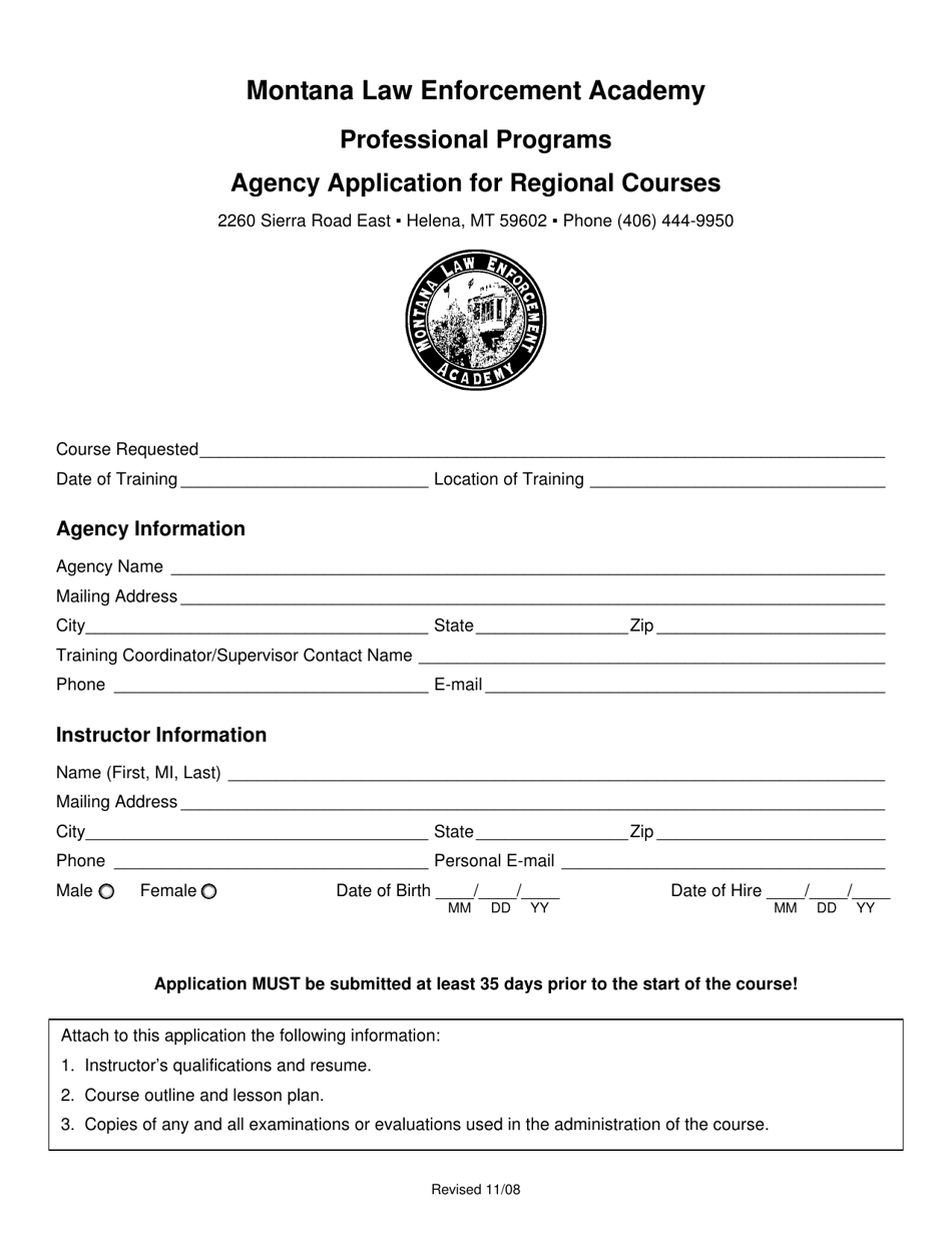 Agency Application for Regional Courses - Montana, Page 1