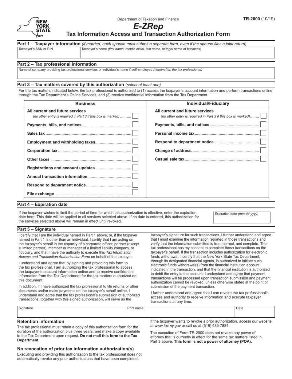 Form TR-2000 E-Zrep Tax Information Access and Transaction Authorization Form - New York, Page 1