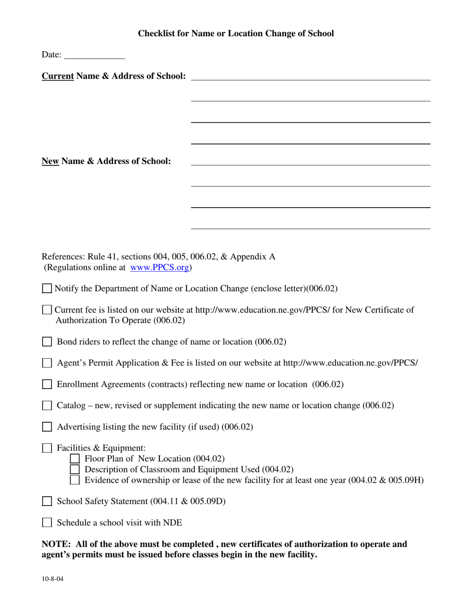 Checklist for Name or Location Change of School - Nebraska, Page 1