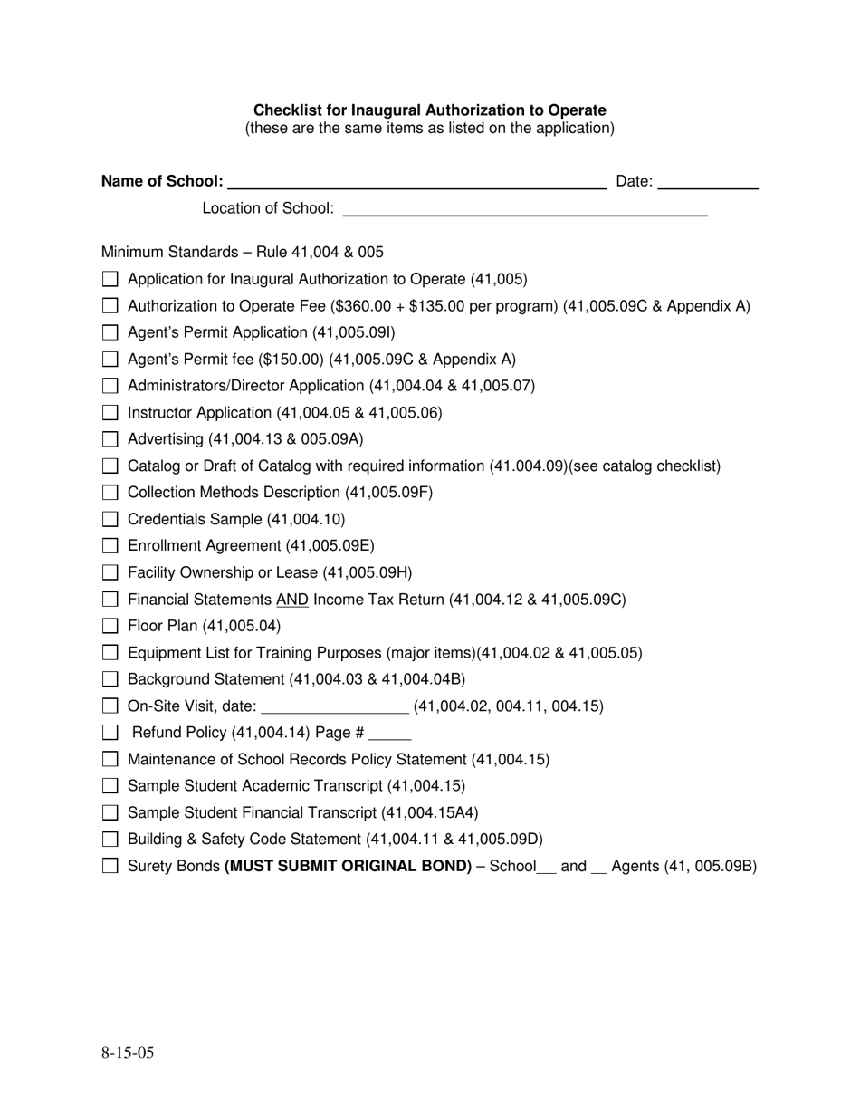 Checklist for Inaugural Authorization to Operate - Nebraska, Page 1