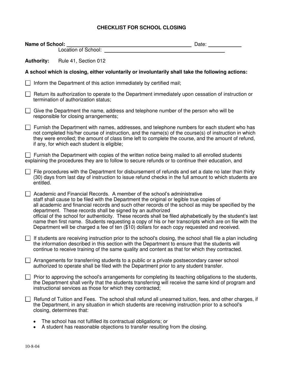 Checklist for School Closing - Nebraska, Page 1