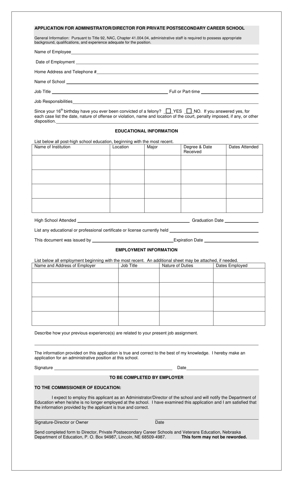 Application for Administrator / Director for Private Postsecondary Career School - Nebraska, Page 1