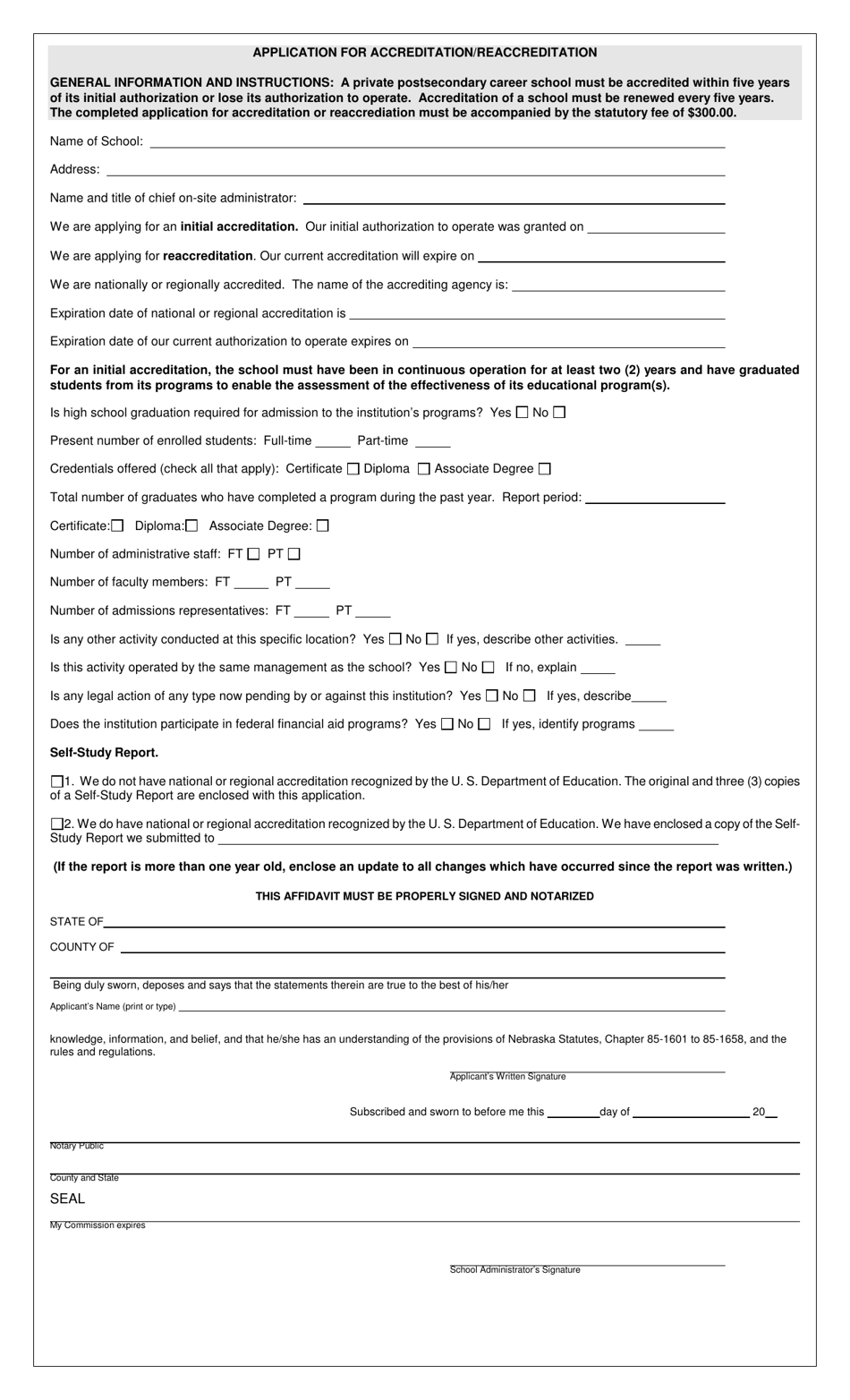 Application for Accreditation / Reaccreditation - Nebraska, Page 1