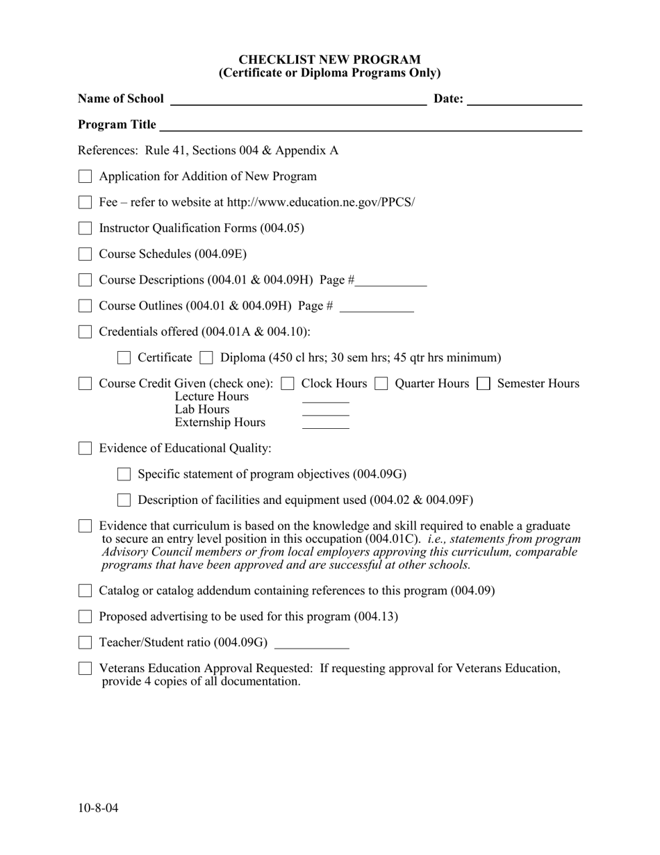 Checklist New Program (Certificate or Diploma Programs Only) - Nebraska, Page 1