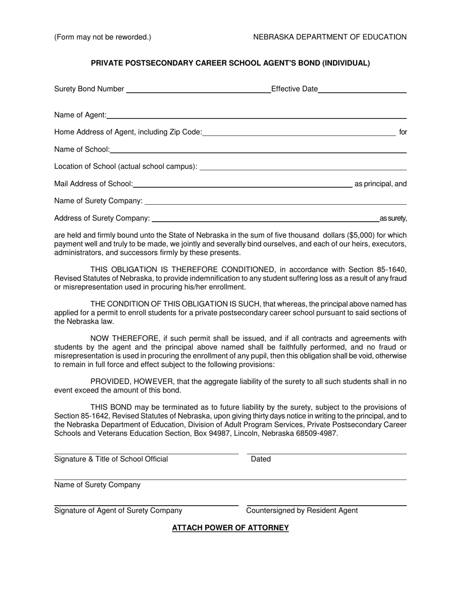 Private Postsecondary Career School Agents Bond (Individual) - Nebraska, Page 1