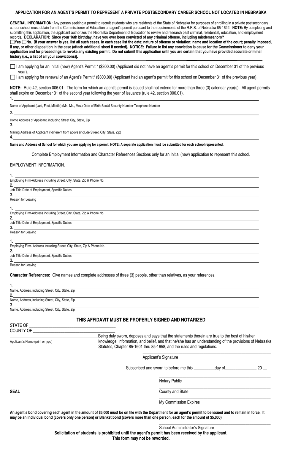 Application for an Agents Permit to Represent a Private Postsecondary Career School Not Located in Nebraska - Nebraska, Page 1