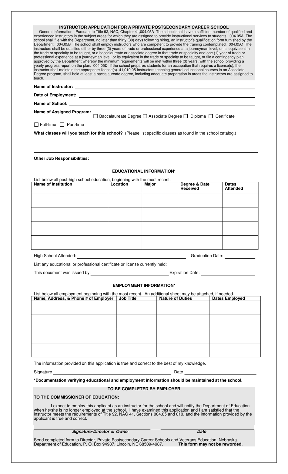 Instructor Application for a Private Postsecondary Career School - Nebraska, Page 1