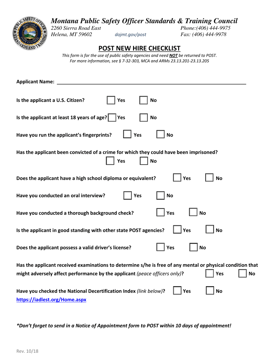 Post New Hire Checklist - Montana, Page 1
