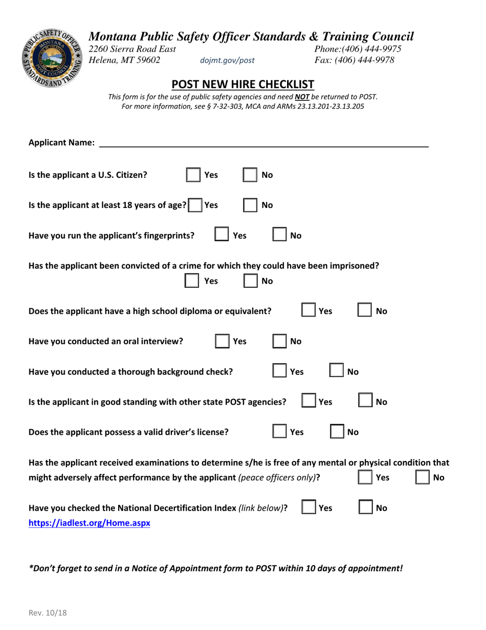 Montana Post New Hire Checklist - Fill Out, Sign Online and Download ...