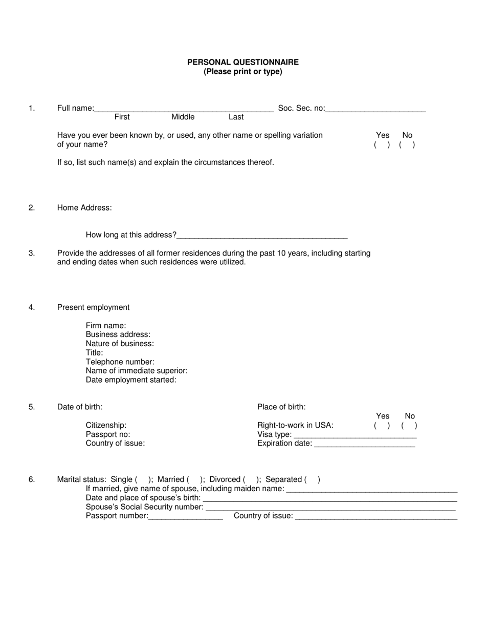 Personal Questionnaire - Credit Unions - New York, Page 1