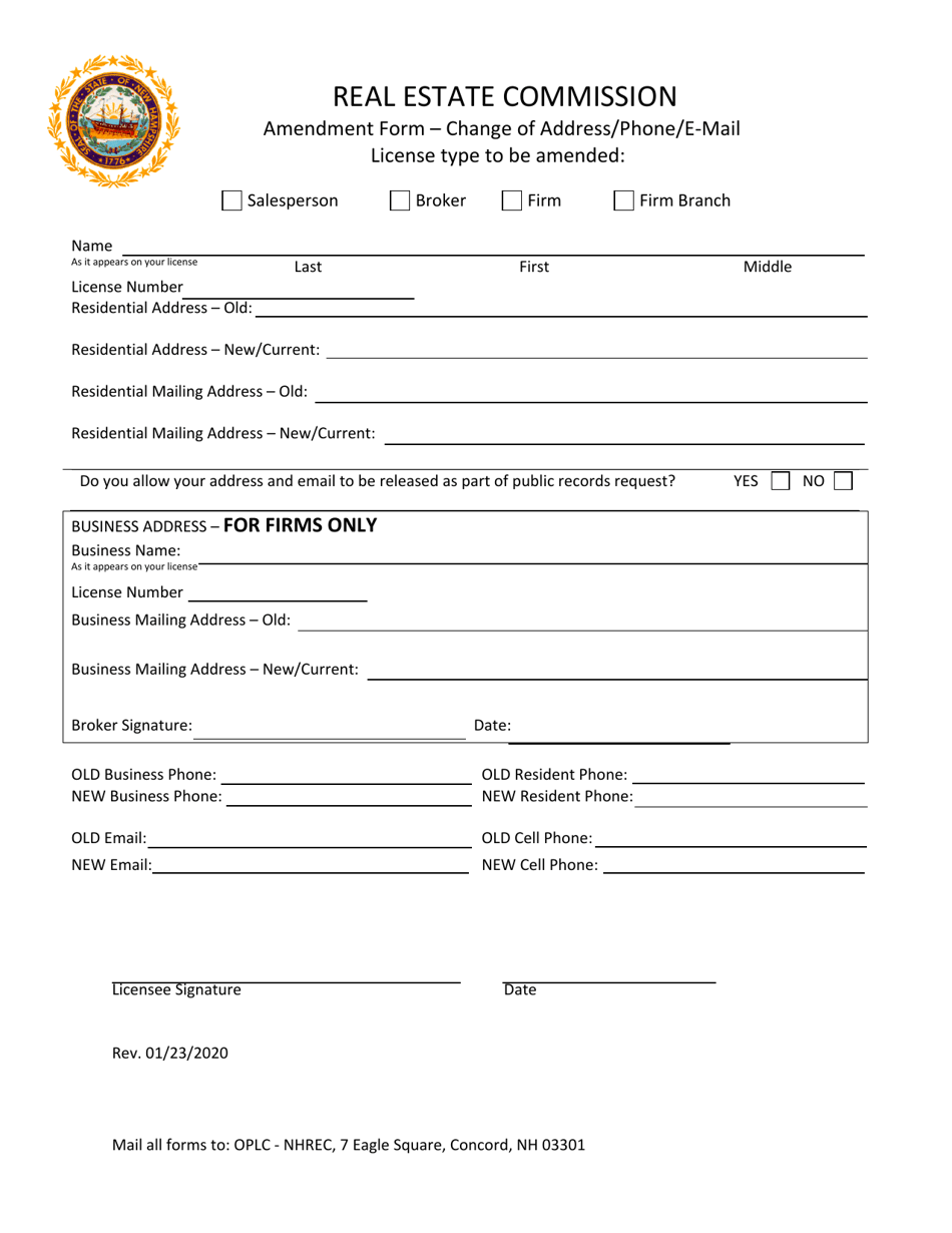 New Hampshire Amendment Form Change of Address/Phone/Email Fill