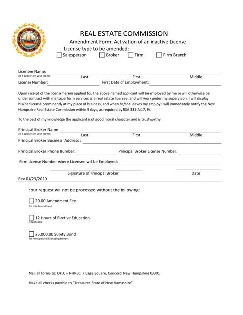 Amendment Form: Activation of an Inactive License - New Hampshire Download Pdf