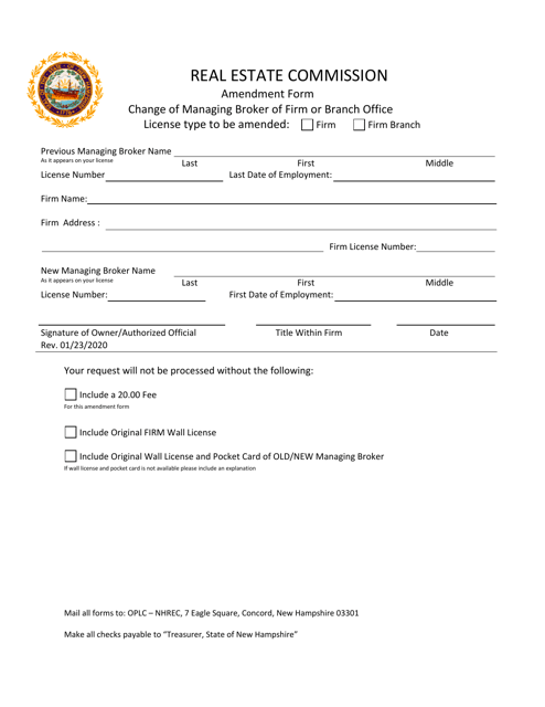 Amendment Form - Change of Managing Broker of Firm or Branch Office - New Hampshire Download Pdf
