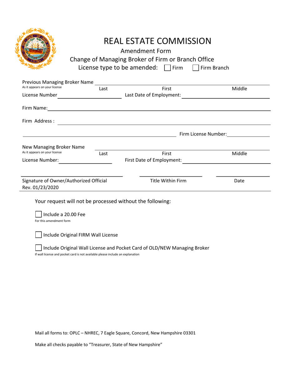 Amendment Form - Change of Managing Broker of Firm or Branch Office - New Hampshire, Page 1