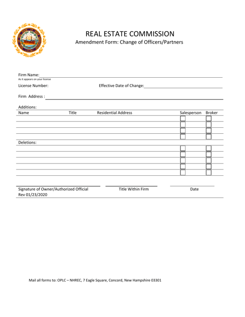 Amendment Form: Change of Officers / Partners - New Hampshire Download Pdf