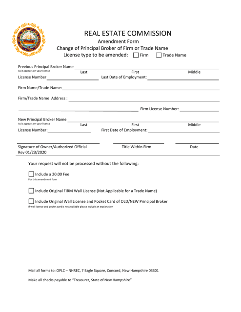 Amendment Form - Change of Principal Broker of Firm or Trade Name - New Hampshire Download Pdf