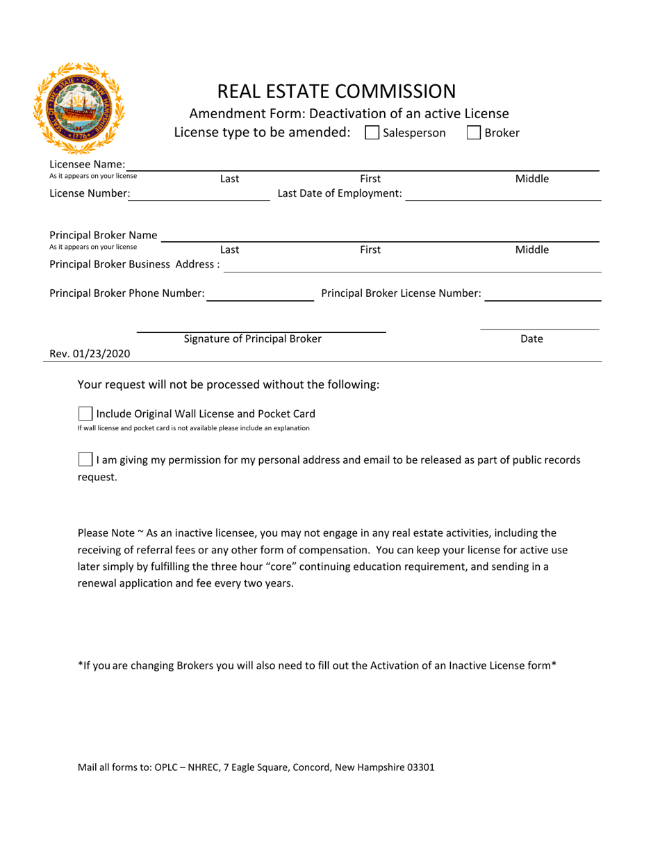 Amendment Form: Deactivation of an Active License - New Hampshire, Page 1